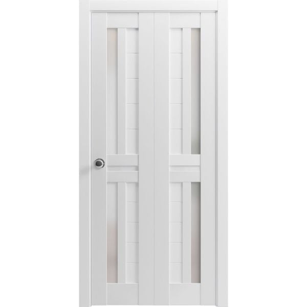 Sliding Closet Bi-fold Doors | Veregio 7288 White Silk with Frosted Glass | Sturdy Tracks Moldings Trims Hardware Set | Wood Solid Bedroom Wardrobe Doors 