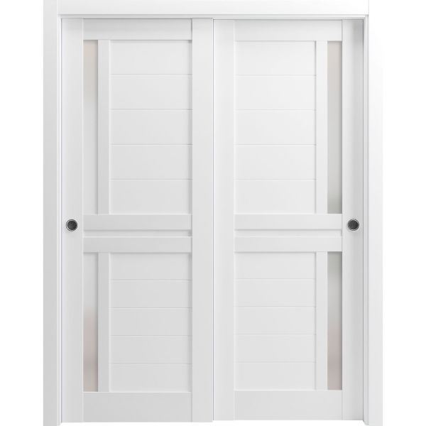 Sliding Closet Bypass Doors | Veregio 7288 White Silk with Frosted Glass | Sturdy Rails Moldings Trims Hardware Set | Wood Solid Bedroom Wardrobe Doors 