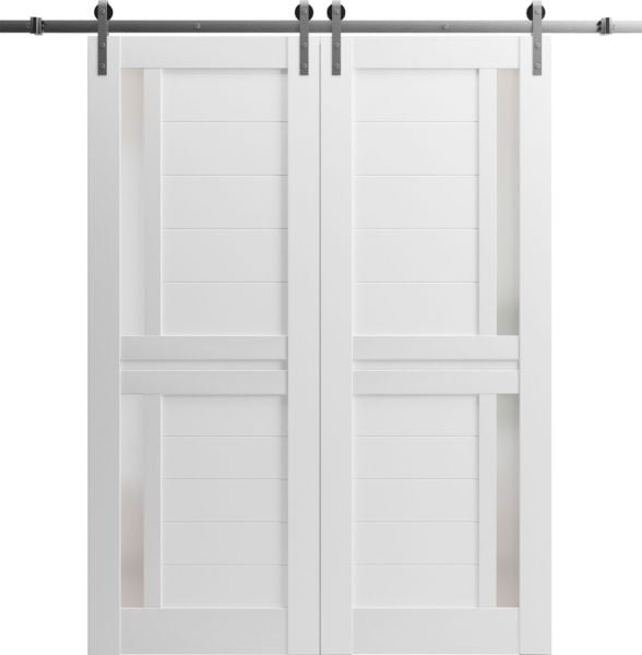 Sturdy Double Barn Door with Frosted Glass | Veregio 7288 White Silk | 13FT Rail Hangers Heavy Set | Solid Panel Interior Doors-60" x 80" (2* 30x80)