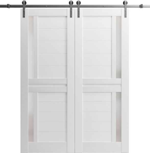 Sturdy Double Barn Door with Frosted Glass | Veregio 7288 White Silk | 13FT Rail Hangers Heavy Set | Solid Panel Interior Doors-72" x 80" (2* 36x80)