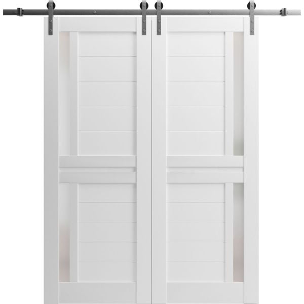 Sturdy Double Barn Door | Veregio 7288 White Silk with Frosted Glass | Silver 13FT Rail Hangers Heavy Set | Solid Panel Interior Doors