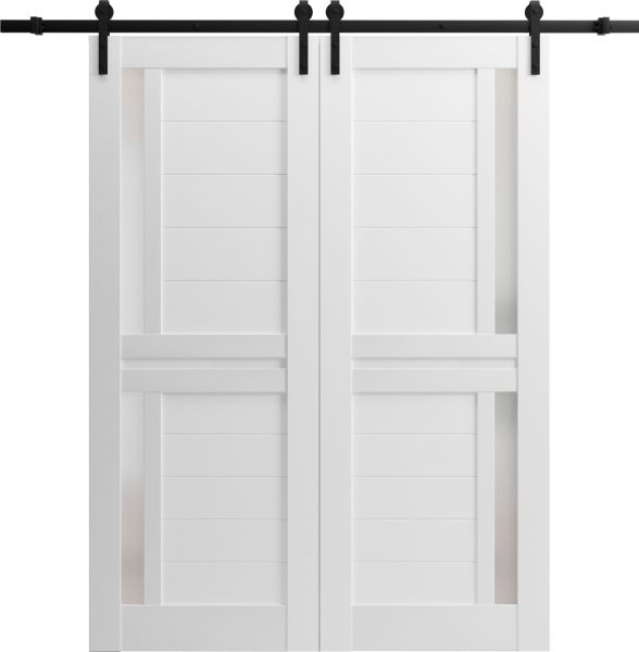 Sturdy Double Barn Door with Frosted Glass | Veregio 7288 White Silk | 13FT Rail Hangers Heavy Set | Solid Panel Interior Doors-36" x 80" (2* 18x80)-Black Rail