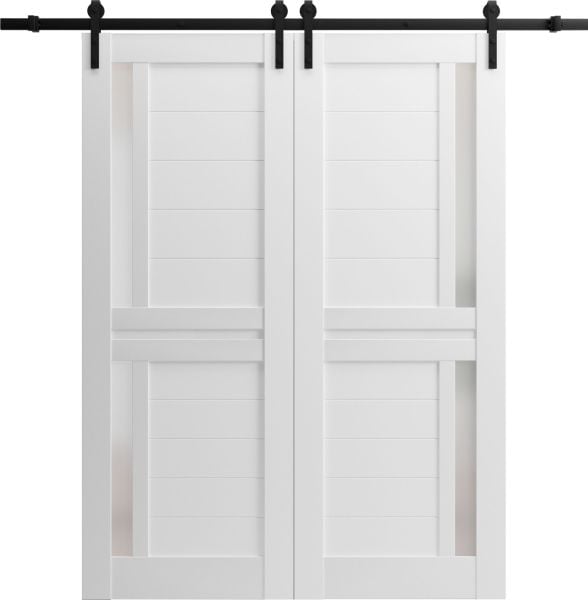 Sturdy Double Barn Door with Frosted Glass | Veregio 7288 White Silk | 13FT Rail Hangers Heavy Set | Solid Panel Interior Doors-60" x 84" (2* 30x84)