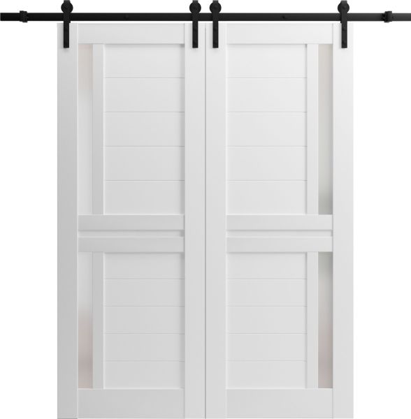 Sturdy Double Barn Door with Frosted Glass | Veregio 7288 White Silk | 13FT Rail Hangers Heavy Set | Solid Panel Interior Doors-84" x 96" (2* 42x96)