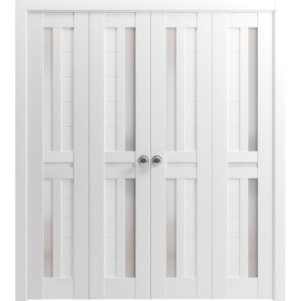 Sliding Closet Double Bi-fold Doors | Veregio 7288 White Silk with Frosted Glass | Sturdy Tracks Moldings Trims Hardware Set | Wood Solid Bedroom Wardrobe Doors 