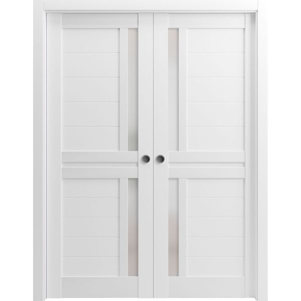 Sliding French Double Pocket Doors | Veregio 7288 White Silk with Frosted Glass | Kit Trims Rail Hardware | Solid Wood Interior Bedroom Sturdy Doors