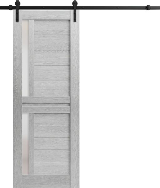 Sturdy Barn Door Frosted Glass | Veregio 7288 Light Grey Oak | 6.6FT Rail Hangers Heavy Hardware Set | Solid Panel Interior Doors-18" x 80"-Black Rail