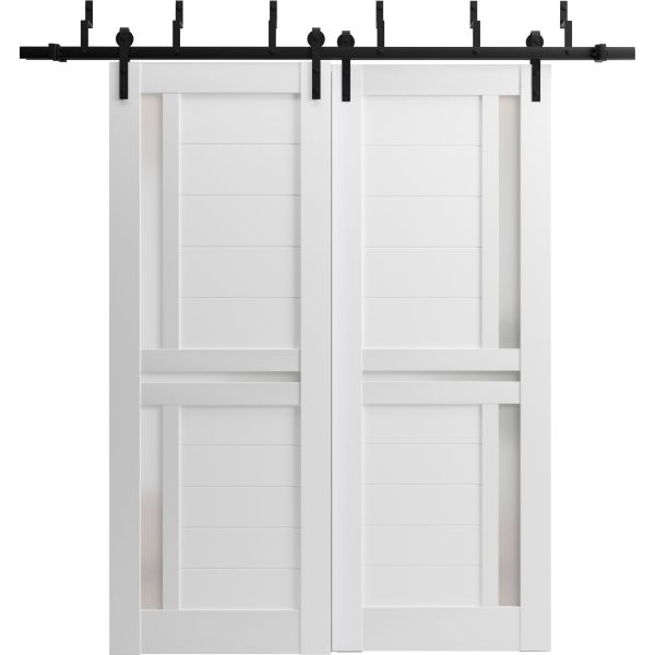 Sliding Closet Barn Bypass Doors with Frosted Glass | Veregio 7288 White Silk | Sturdy 6.6ft Rails Hardware Set | Wood Solid Bedroom Wardrobe Doors 