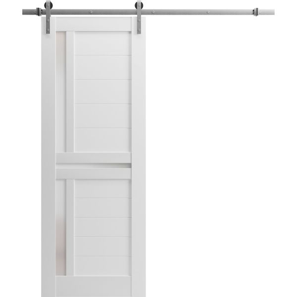 Sturdy Barn Door Frosted Glass | Veregio 7288 White Silk | 6.6FT Silver Rail Hangers Heavy Hardware Set | Solid Panel Interior Doors