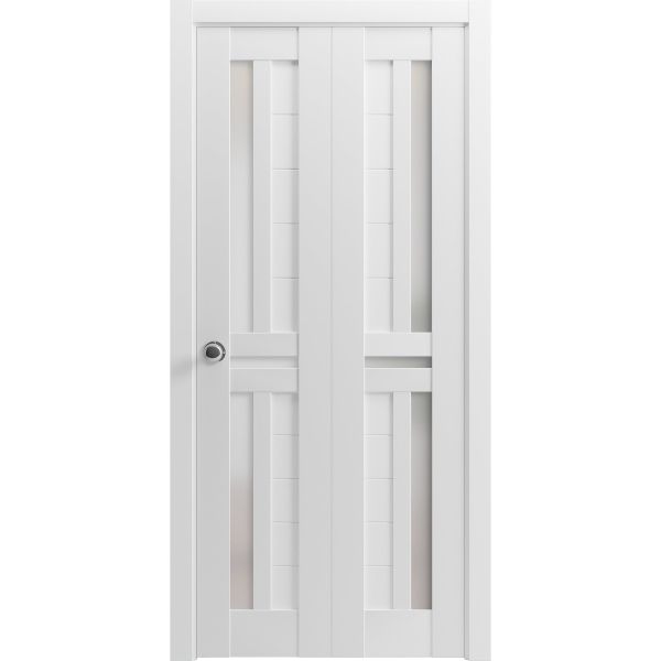 Sliding Closet Bi-fold Doors | Veregio 7288 White Silk with Frosted Glass | Sturdy Tracks Moldings Trims Hardware Set | Wood Solid Bedroom Wardrobe Doors 