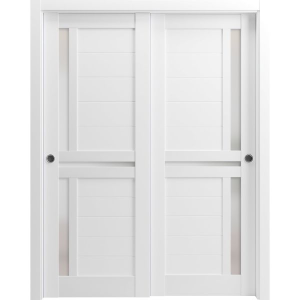 Sliding Closet Bypass Doors with Frosted Glass | Veregio 7288 White Silk | Sturdy Rails Moldings Trims Hardware Set | Wood Solid Bedroom Wardrobe Doors 