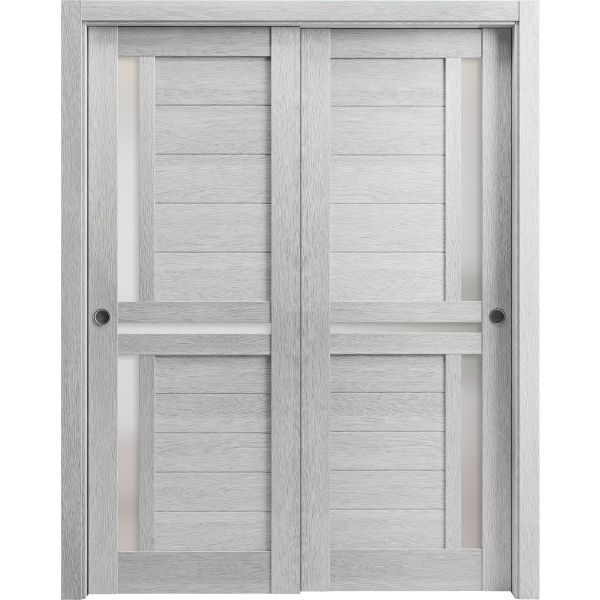 Sliding Closet Bypass Doors | Veregio 7288 Light Grey Oak with Frosted Glass | Sturdy Rails Moldings Trims Hardware Set | Wood Solid Bedroom Wardrobe Doors 
