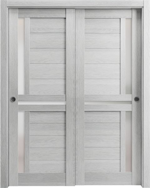 Sliding Closet Bypass Doors with Frosted Glass | Veregio 7288 Light Grey Oak | Sturdy Rails Moldings Trims Hardware Set | Wood Solid Bedroom Wardrobe Doors -36" x 80" (2* 18x80)