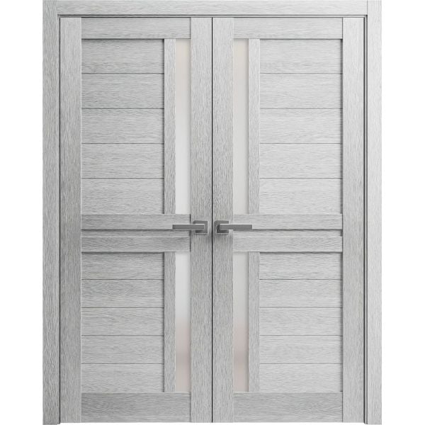 Interior Solid French Double Doors | Veregio 7288 Light Grey Oak with Frosted Glass | Wood Solid Panel Frame Trims | Closet Bedroom Sturdy Doors 