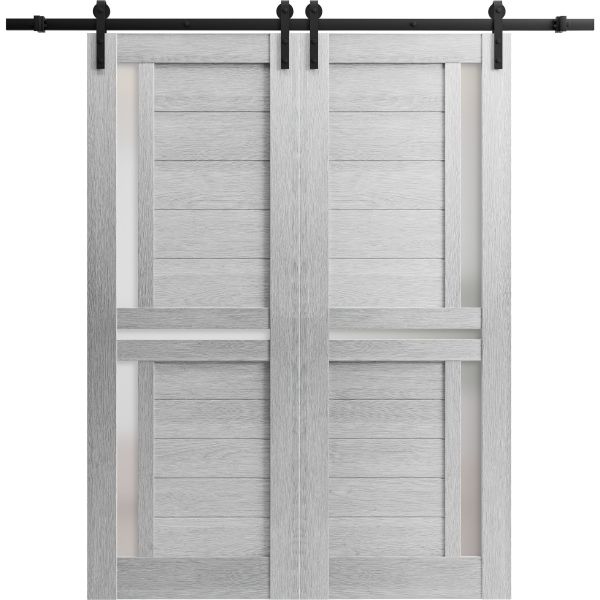 Sturdy Double Barn Door with Frosted Glass | Veregio 7288 Light Grey Oak | 13FT Rail Hangers Heavy Set | Solid Panel Interior Doors
