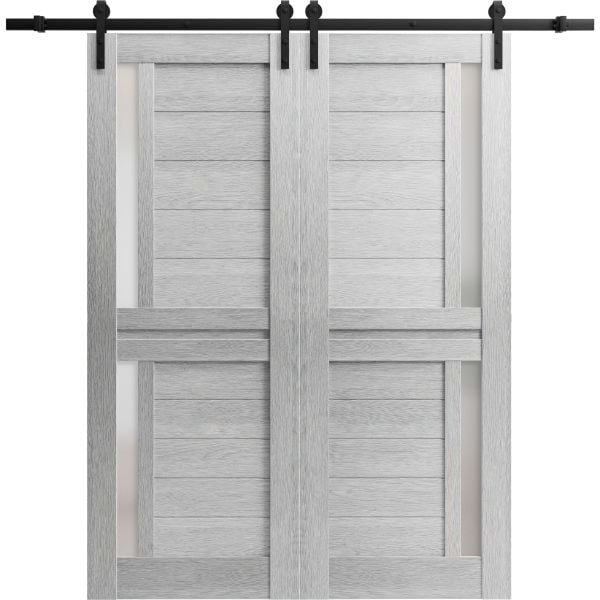Sturdy Double Barn Door | Veregio 7288 Light Grey Oak with Frosted Glass | 13FT Rail Hangers Heavy Set | Solid Panel Interior Doors