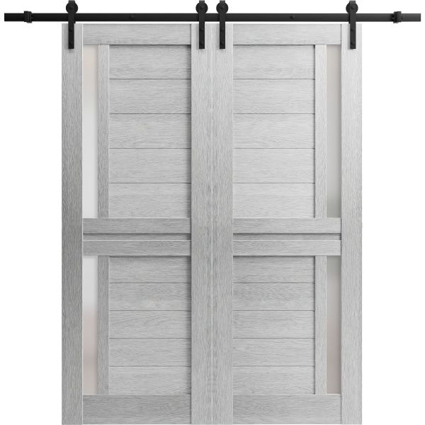 Sturdy Double Barn Door with Frosted Glass | Veregio 7288 Light Grey Oak | 13FT Rail Hangers Heavy Set | Solid Panel Interior Doors-64" x 96" (2* 32x96)