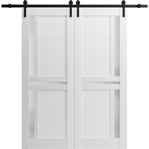 Sturdy Double Barn Door with Frosted Glass | Veregio 7288 White Silk | 13FT Rail Hangers Heavy Set | Solid Panel Interior Doors