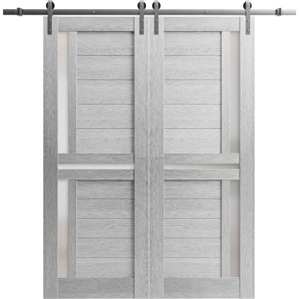 Sturdy Double Barn Door with Frosted Glass | Veregio 7288 Light Grey Oak | Silver 13FT Rail Hangers Heavy Set | Solid Panel Interior Doors