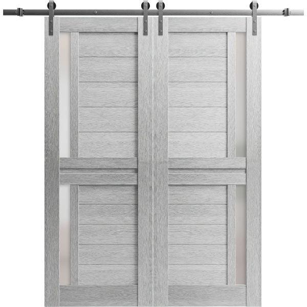 Sturdy Double Barn Door | Veregio 7288 Light Grey Oak with Frosted Glass | Silver 13FT Rail Hangers Heavy Set | Solid Panel Interior Doors
