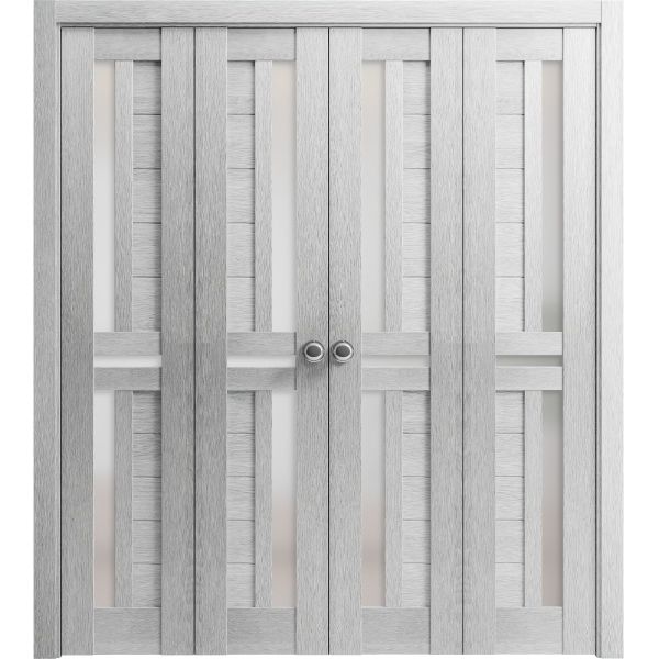 Sliding Closet Double Bi-fold Doors | Veregio 7288 Light Grey Oak with Frosted Glass | Sturdy Tracks Moldings Trims Hardware Set | Wood Solid Bedroom Wardrobe Doors 
