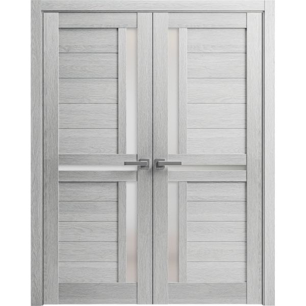 Interior Solid French Double Doors Frosted Glass | Veregio 7288 Light Grey Oak | Wood Solid Panel Frame Trims | Closet Bedroom Sturdy Doors 