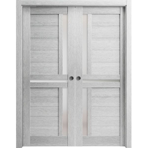 Sliding French Double Pocket Doors | Veregio 7288 Light Grey Oak with Frosted Glass | Kit Trims Rail Hardware | Solid Wood Interior Bedroom Sturdy Doors