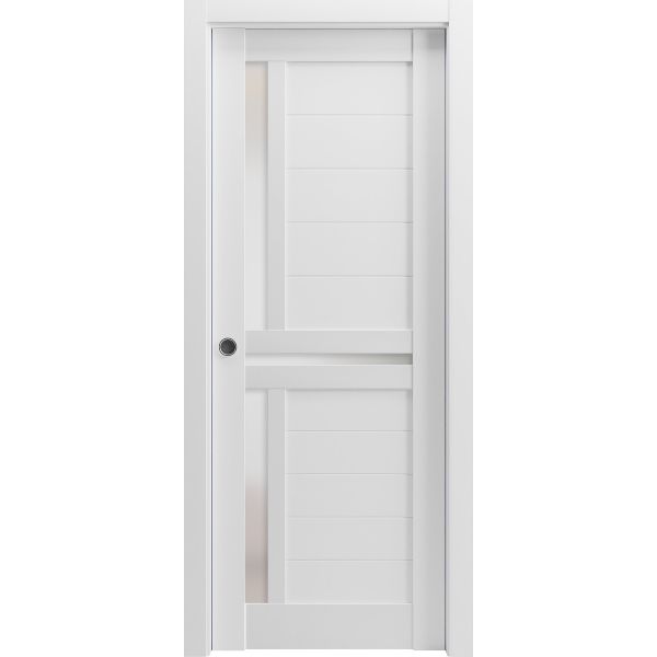 Sliding French Pocket Door with Frosted Glass | Veregio 7288 White Silk | Kit Trims Rail Hardware | Solid Wood Interior Bedroom Sturdy Doors