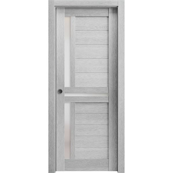 Sliding French Pocket Door | Veregio 7288 Light Grey Oak with Frosted Glass | Kit Trims Rail Hardware | Solid Wood Interior Bedroom Sturdy Doors