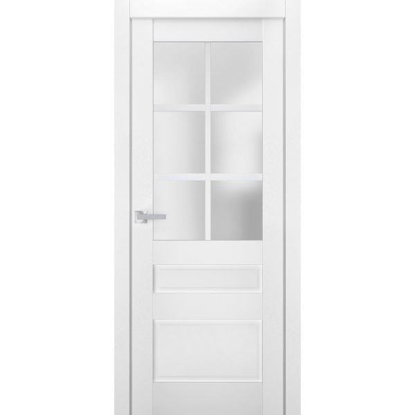 Interior Solid French Door | Veregio 7339 White Silk with Frosted Glass | Single Regular Panel Frame Trims Handle | Bathroom Bedroom Sturdy Doors 