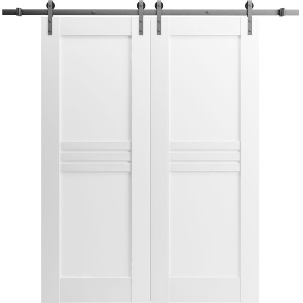 Modern Double Barn Door / Mela 7444 White Silk / Stainless Steel13FT Rail Track Set / Solid Panel Interior Doors