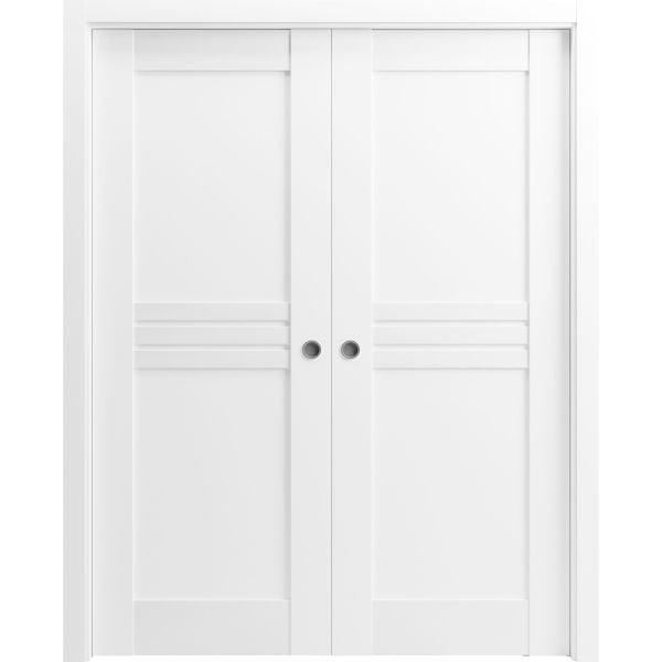 Sliding French Double Pocket Doors 36 x 80 inches / Mela 7444 White Silk / Kit Rail Hardware / MDF Interior Bedroom Modern Doors