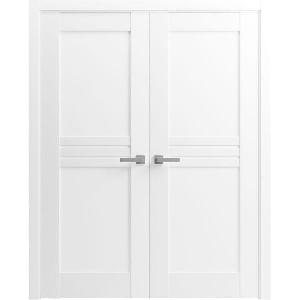 Solid French Double Doors / Mela 7444 White Silk / Wood Solid Panel Frame / Closet Bedroom Modern Doors 