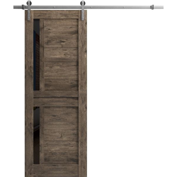 Sturdy Barn Door | Veregio 7588 Cognac Oak with Black Glass | 6.6FT Silver Rail Hangers Heavy Hardware Set | Solid Panel Interior Doors