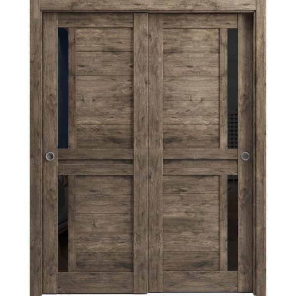 Sliding Closet Bypass Doors | Veregio 7588 Cognac Oak with Black Glass | Sturdy Rails Moldings Trims Hardware Set | Wood Solid Bedroom Wardrobe Doors 