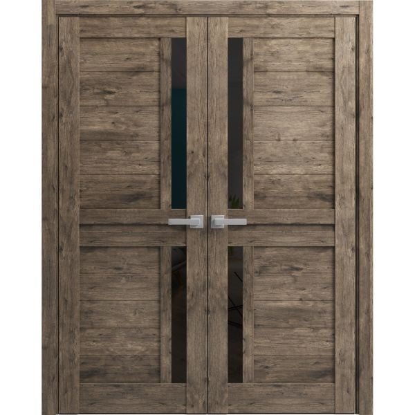 Interior Solid French Double Doors | Veregio 7588 Cognac Oak with Black Glass | Wood Solid Panel Frame Trims | Closet Bedroom Sturdy Doors 