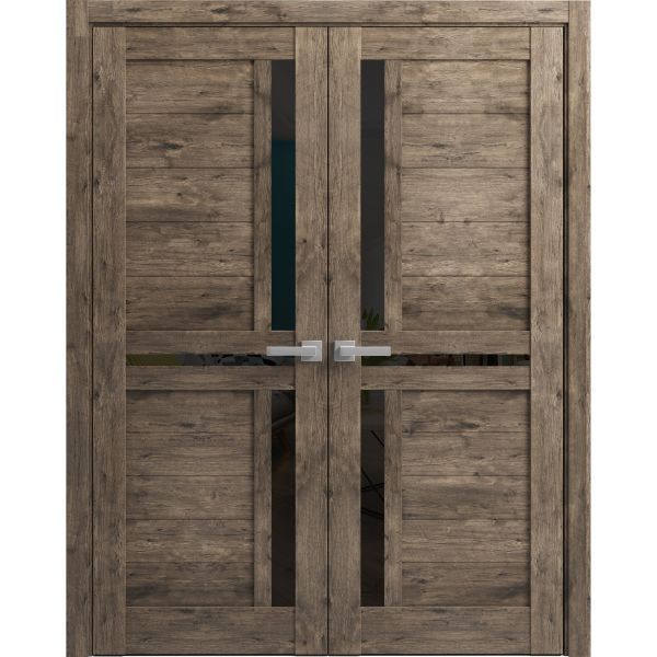 Interior Solid French Double Doors Frosted Glass | Veregio 7588 Cognac Oak | Wood Solid Panel Frame Trims | Closet Bedroom Sturdy Doors 