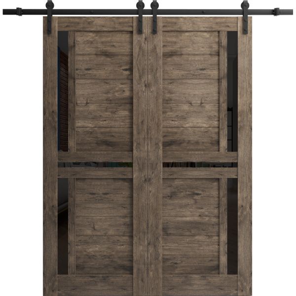 Sturdy Double Barn Door with Frosted Glass | Veregio 7588 Cognac Oak | 13FT Rail Hangers Heavy Set | Solid Panel Interior Doors