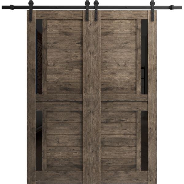 Sturdy Double Barn Door | Veregio 7588 Cognac Oak with Black Glass | 13FT Rail Hangers Heavy Set | Solid Panel Interior Doors