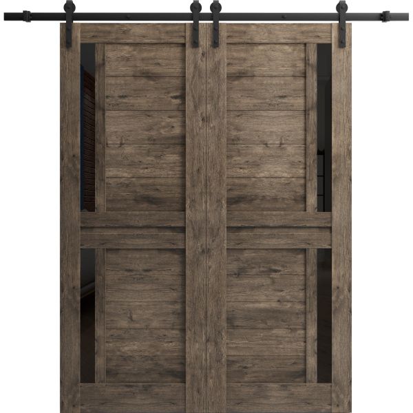 Sturdy Double Barn Door with Frosted Glass | Veregio 7588 Cognac Oak | 13FT Rail Hangers Heavy Set | Solid Panel Interior Doors-36" x 80" (2* 18x80)-Black Rail