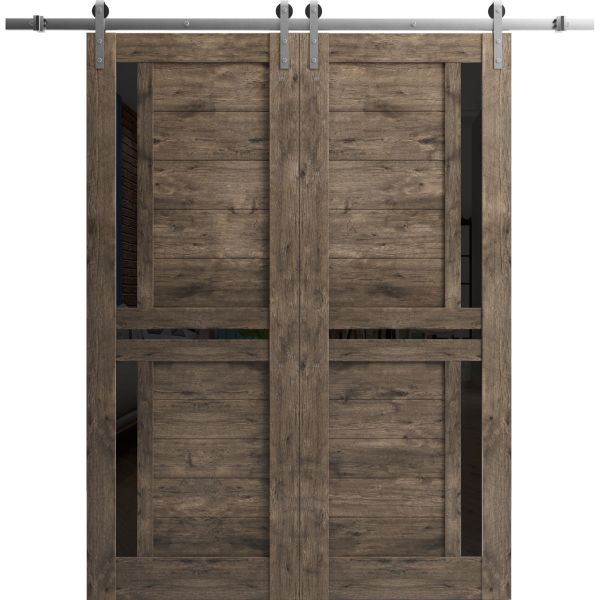 Sturdy Double Barn Door with Frosted Glass | Veregio 7588 Cognac Oak | Silver 13FT Rail Hangers Heavy Set | Solid Panel Interior Doors