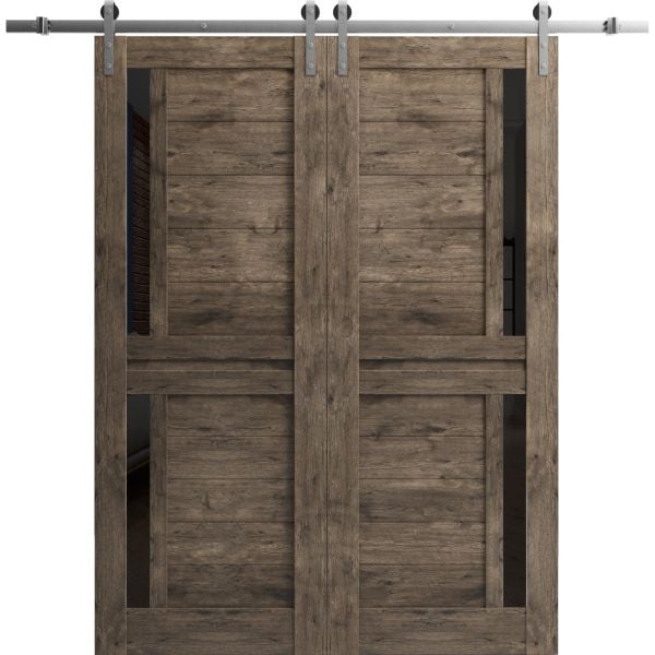 Sturdy Double Barn Door | Veregio 7588 Cognac Oak with Black Glass | Silver 13FT Rail Hangers Heavy Set | Solid Panel Interior Doors