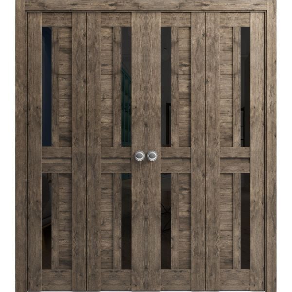 Sliding Closet Double Bi-fold Doors | Veregio 7588 Cognac Oak with Black Glass | Sturdy Tracks Moldings Trims Hardware Set | Wood Solid Bedroom Wardrobe Doors 