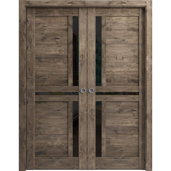 Sliding French Double Pocket Doors with Frosted Glass | Veregio 7588 Cognac Oak | Kit Trims Rail Hardware | Solid Wood Interior Bedroom Sturdy Doors