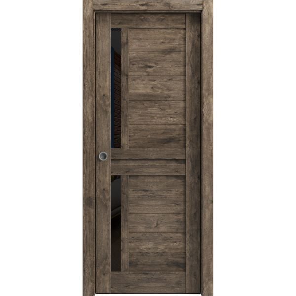 Sliding French Pocket Door | Veregio 7588 Cognac Oak with Black Glass | Kit Trims Rail Hardware | Solid Wood Interior Bedroom Sturdy Doors