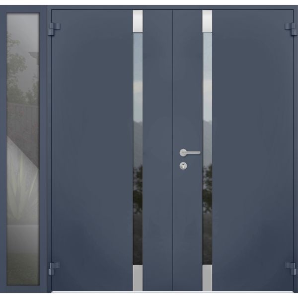 Front Exterior Prehung Steel Double Doors / Cynex 6777 Grey / Sidelight Exterior Window / Stainless Inserts Single Modern Painted-W72+16" x H80"-Right-hand Outswing