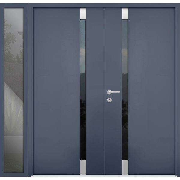 Front Exterior Prehung Steel Double Doors / Cynex 6777 Grey / Sidelight Exterior Window / Stainless Inserts Single Modern Painted-W72+14" x H80"-Left-hand Inswing