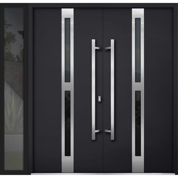 Front Exterior Prehung Steel Double Doors / Deux 1755 Black Enamel / Sidelight Exterior Window / Stainless Inserts Single Modern Painted-W72+16" x H80"