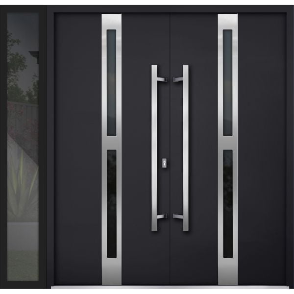 Front Exterior Prehung Steel Double Doors / Deux 1755 Black Enamel / Side Exterior Window / Stainless Inserts Single Modern Painted-W72+12" x H80"
