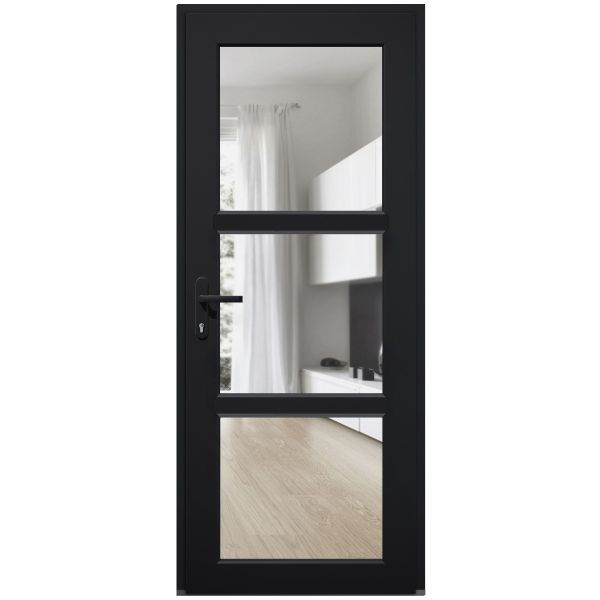 Front Exterior Prehung FiberGlass Door Clear Glass See-through / Manux 8555 Matte Black Clear Glass / Office Commercial and Residential Doors Entrance Patio Garage